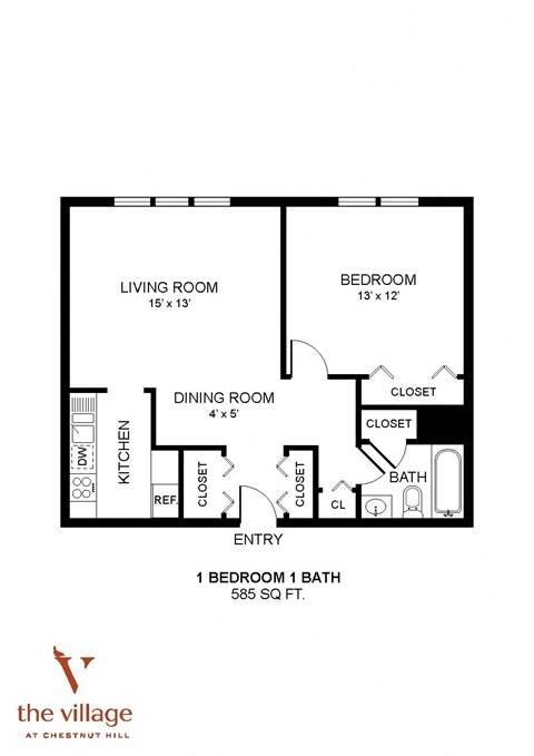 Floor plan for 1 bed, 1 bath, 585 sqft